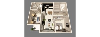 A 3D floor plan of a small apartment with a kitchen, living room, and bedroom.