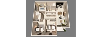 A 3D floor plan of a house showing a kitchen, living room, and two bedrooms.
