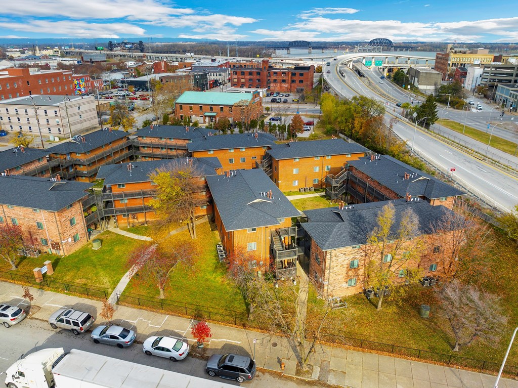 an aerial view of a building in a city