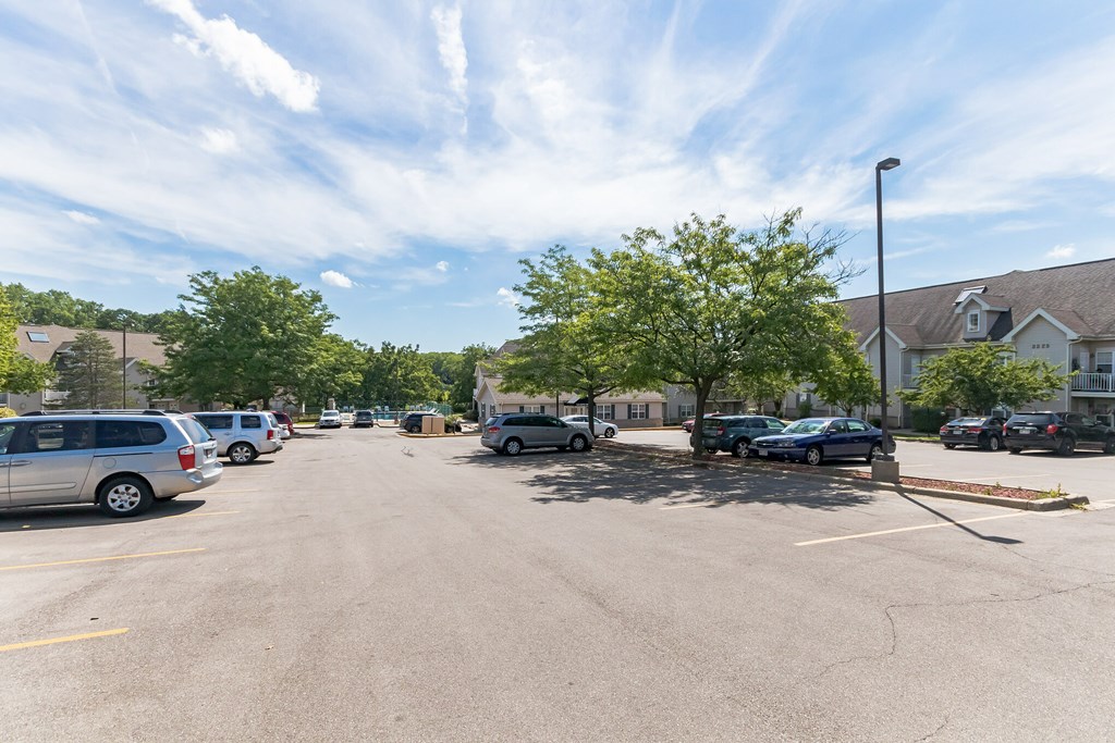 A parking lot with cars and trees.