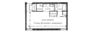 A floor plan of a typical efficiency apartment with a living and bedroom area, kitchen, bath, and storage.