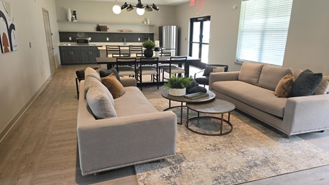 A living room with a grey couch and a coffee table.