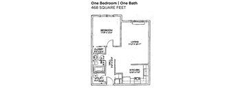 A floor plan for a one bedroom, one bath apartment sized at 468 square feet.