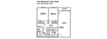 A floor plan for a two bedroom, one bath apartment measuring 625 square feet.