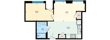 A floor plan of a house with a bedroom, living room, kitchen, bathroom, and closet.