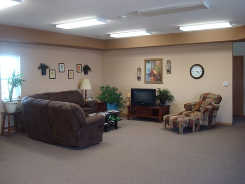A living room with a brown couch, a chair, a television, and a potted plant.