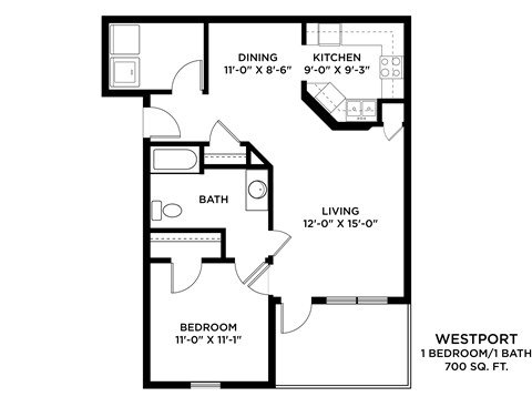 A floor plan of a one bedroom apartment in Westport.