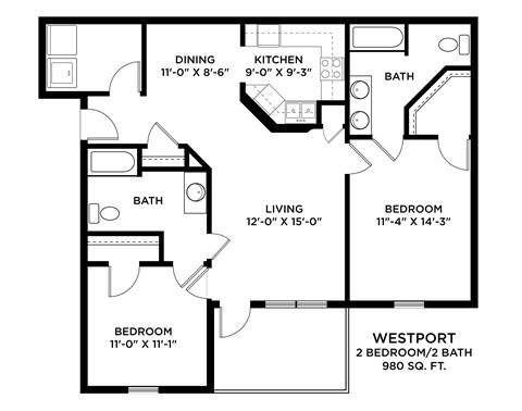 A black and white image of a floor plan for a two bedroom, two bath house.