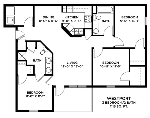 A black and white image of a floor plan for a home with a living room, dining room, kitchen, and three bedrooms.