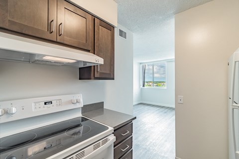 A kitchen with a stove top oven and a refrigerator.