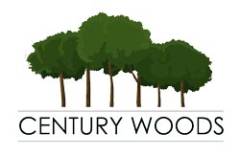 A logo with the words "Century Woods" and an illustration of three trees.