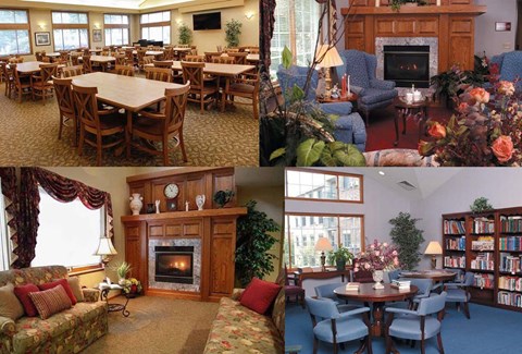A collage of four different living room setups with various furniture arrangements and decorations.