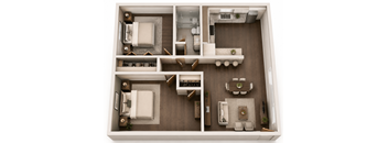 A top-down view of a small apartment with a bedroom, living room, and kitchen.