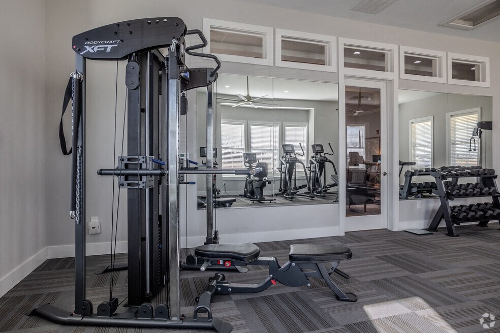 a gym with weights and cardio equipment in a home gym