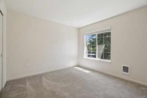 A room with a window and carpeted floor.