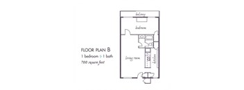 A drawing of a floor plan of a house with a balcony, a bedroom, a living room, and a kitchen.