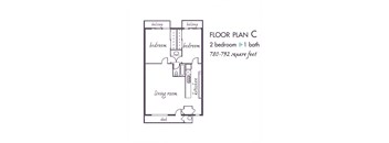 A drawing of a house floor plan labeled C with two bedrooms, one bathroom, and a living room.
