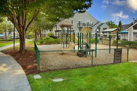 A playground with a green fence and a slide.