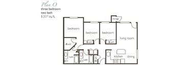 A black and white image of a three bedroom apartment plan.