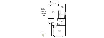 A floor plan for an apartment at Oak Tree, showing a living room, dining room, kitchen, bathroom, and bedroom.