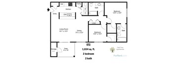 A floor plan of an apartment from Oak Tree Apartments showing a living room, two bedrooms, a patio, and a storage area.