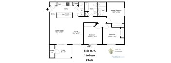 A floor plan for a 1,161 square foot, 3 bedroom apartment with 2 baths.