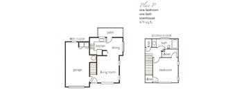 A floor plan of a one bedroom townhouse with a garage.