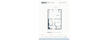 A floor plan for a property by Arlo West End shows a bedroom, bath, living area, kitchen, and dining space.