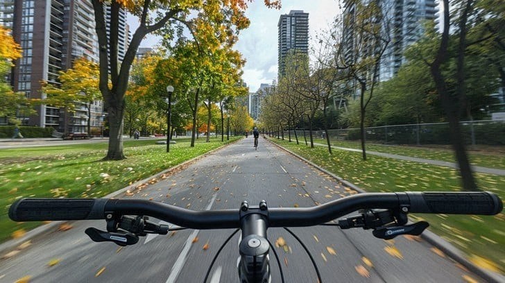 a view of a bike going down a street