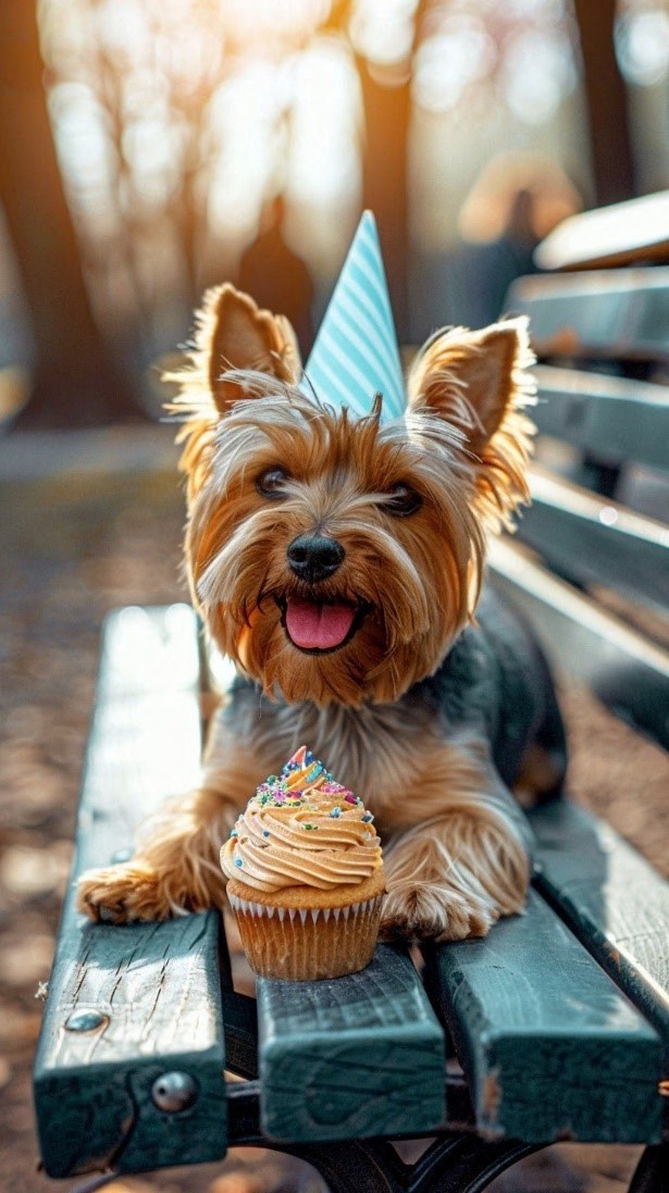 a small dog sitting on a bench with a cupcake
