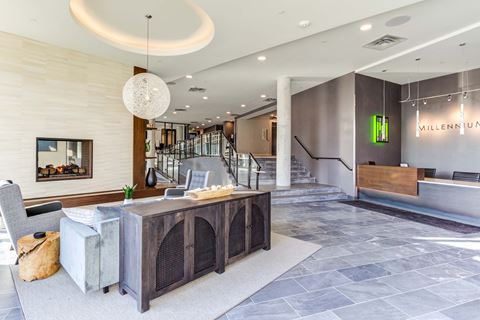 the lobby at the m on hennepin apartments in minneapolis, mn