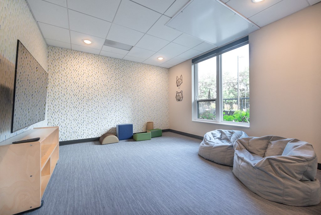a living room with two couches and a tv and a window