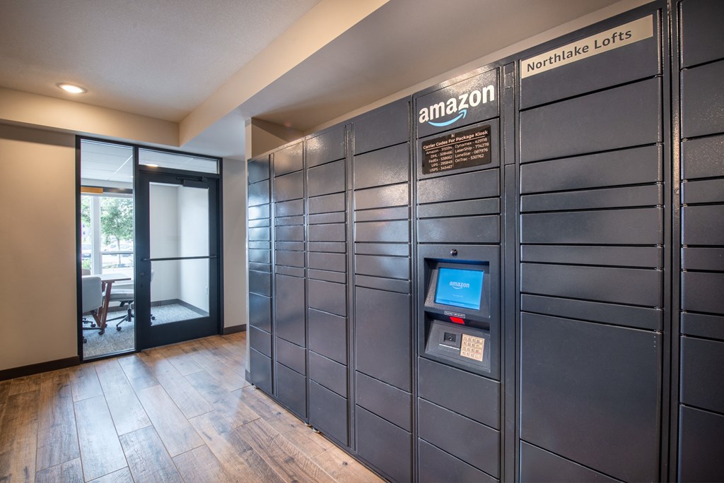 the lobby of an locker room with a computer on it