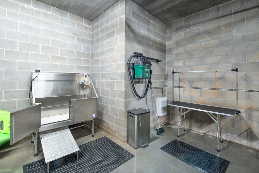 a wet room with a shower and a sink in a public restroom