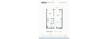 A floor plan for a one bedroom apartment in the Olympia 1 building by Arlo West End.