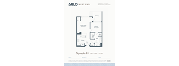 A floor plan for a property by Arlo West End shows a bedroom, bathroom, living/dining area, and kitchen.