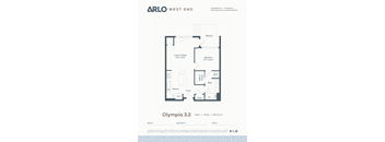 A floor plan for a property by Arlo West End shows a bedroom, bathroom, living/dining area, and kitchen.