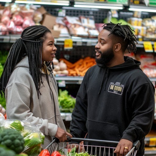 a man and a woman holding a shopping cart in a grocery store