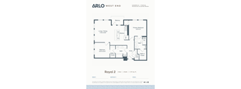 A floor plan for a property by Arlo West End shows a living area, a kitchen, a dining area, a primary bedroom, a secondary bedroom, and a bathroom.