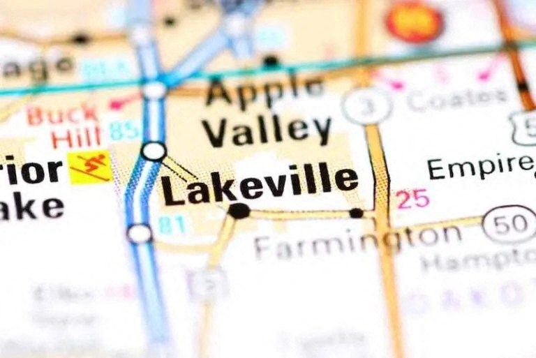 a close up of a map of lakeville