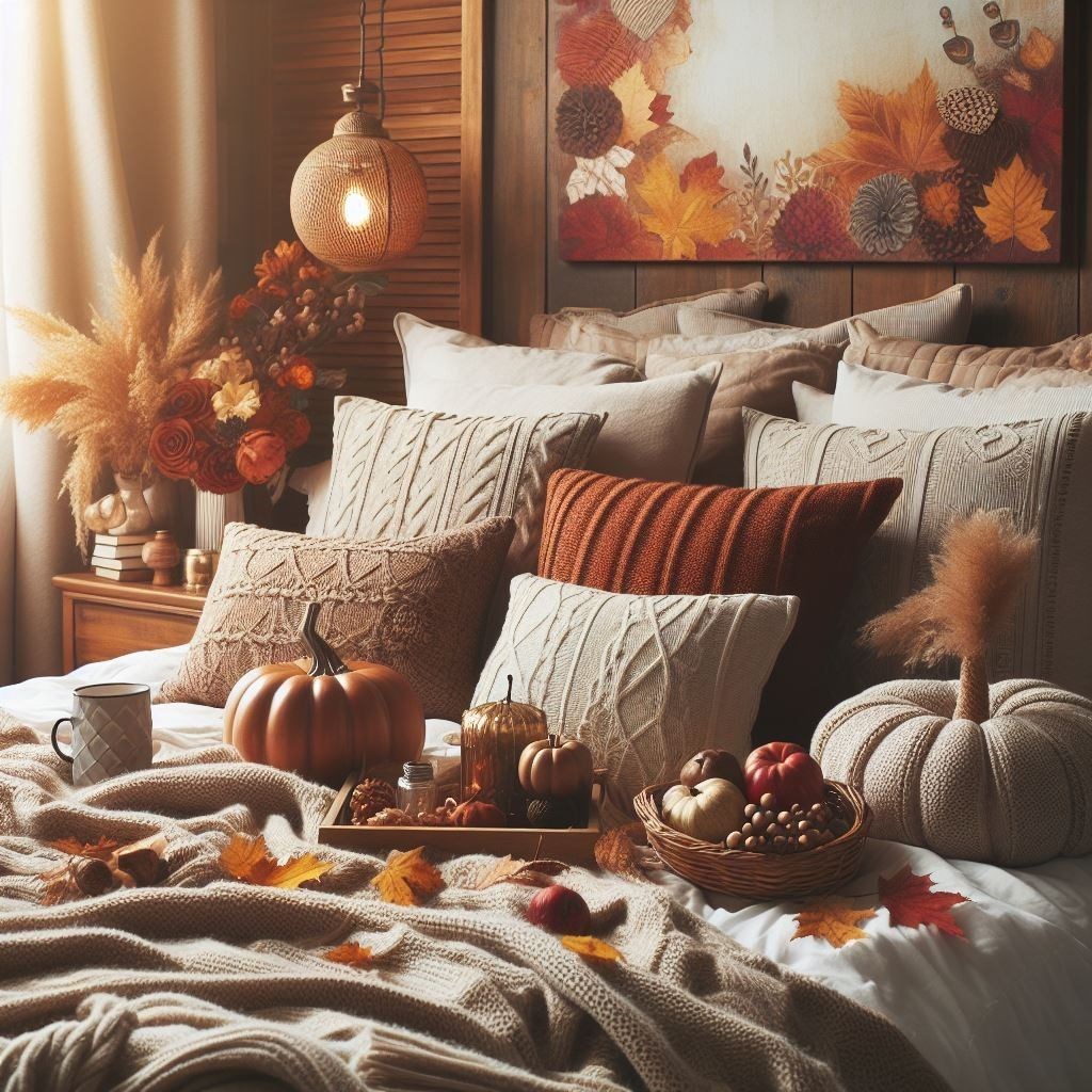 A cozy bedroom decorated for fall with a bed covered in a blanket, pillows, a tray with fruits, a basket, and a pumpkin.