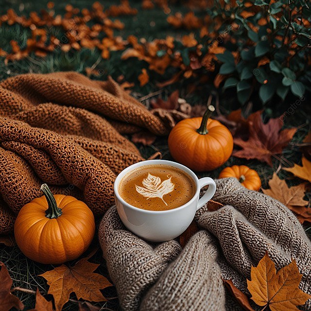 A cup of coffee with a leaf design on it sits on a knitted blanket surrounded by pumpkins and autumn leaves.