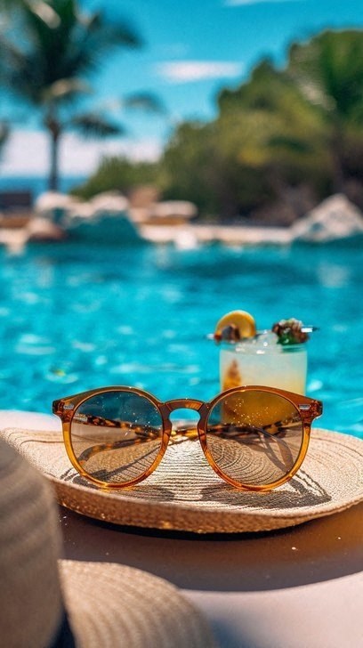 a pair of sunglasses sitting on a hat on a table near a pool