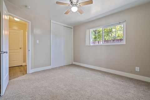 A room with a ceiling fan and a window with a view of trees.