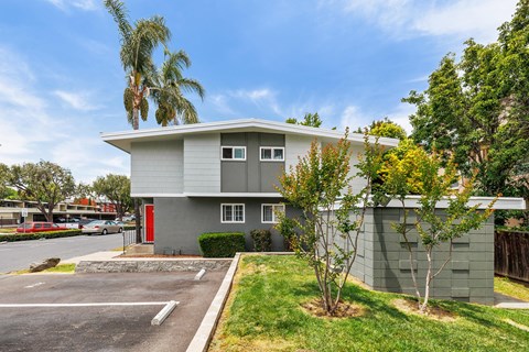 a grey house with a red door and palm trees in the background