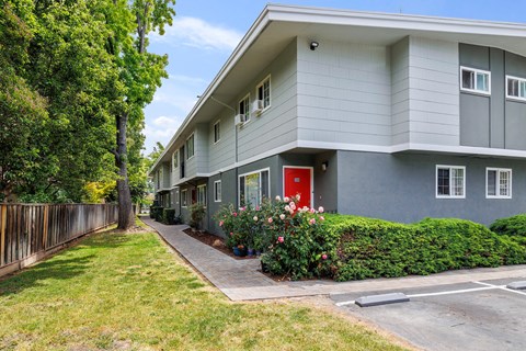 A grey building with a red door and a red bush in front.
