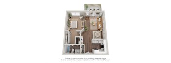 a 3d furnished floor plan of a 1 bedroom apartment