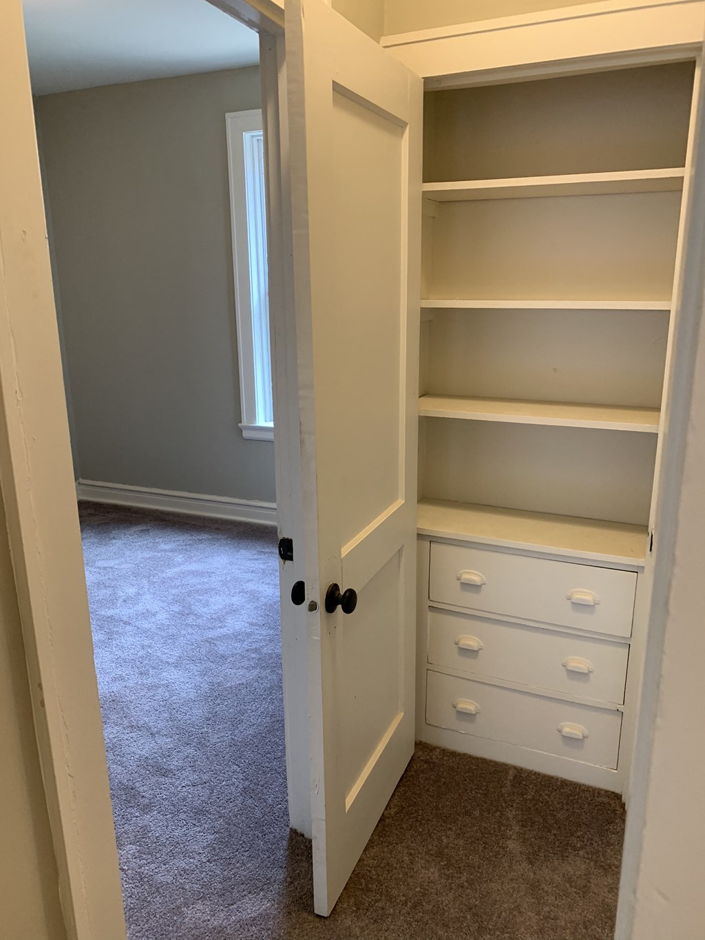 a closet with shelves and drawers and a door open