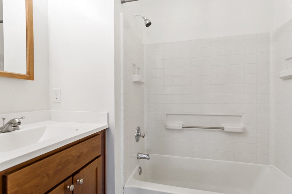 a bathroom with a tub and a sink and a mirror