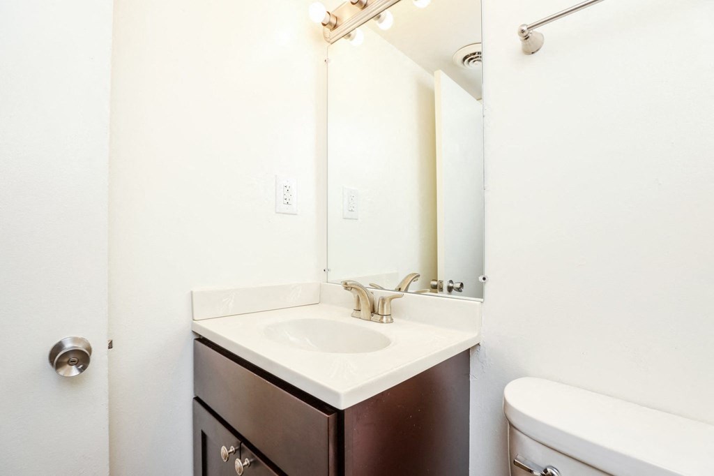 a bathroom with a sink and a mirror and a toilet